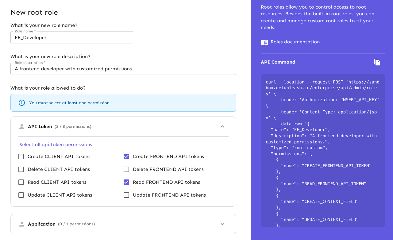 In the &quot;New root role&quot; form, name your role, add a description, and select permissions in each dropdown section in the form.